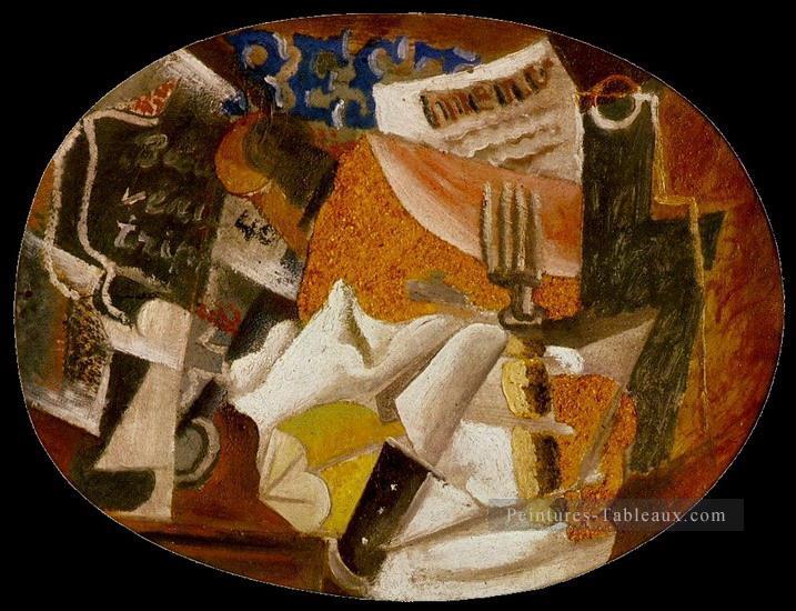 Couteau fourchette menu bouteille jambon 1914 Cubisme Peintures à l'huile